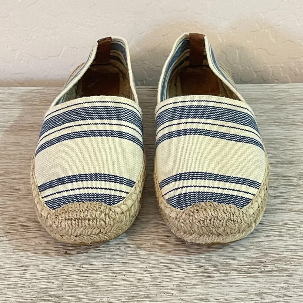Tory Burch Espadrille Flats Slip On Shoes Ivory Navy Blue Stripe 7
